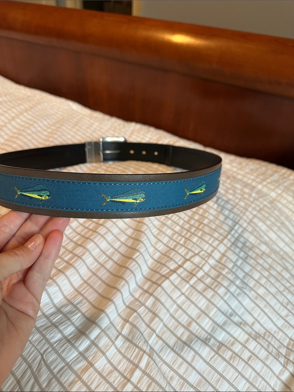 Columbia Blue Belt with Yellow Fish Embroidery